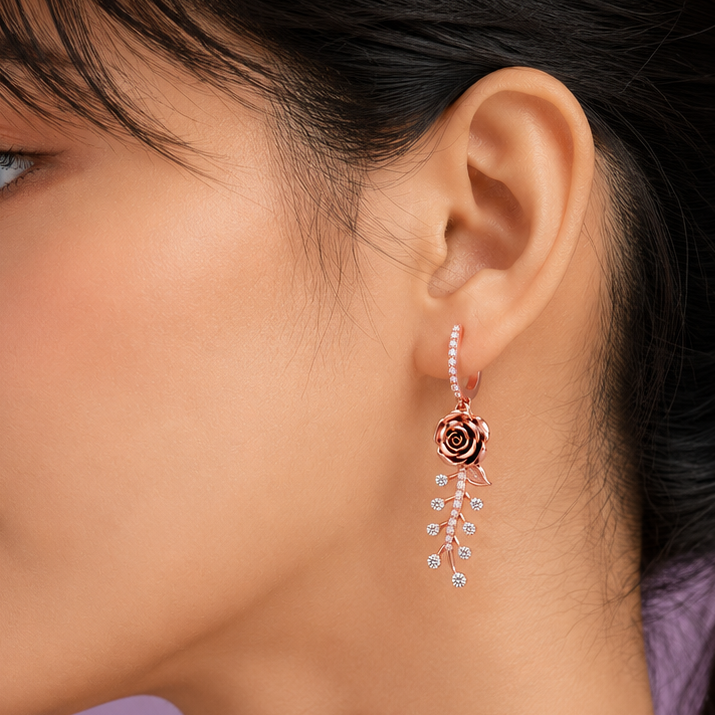 Rose Flower Diamond Drop 925 Silver Earrings