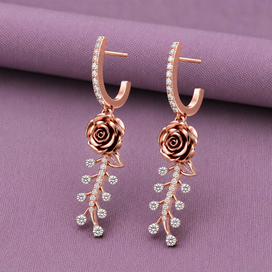 Rose Flower Diamond Drop 925 Silver Earrings