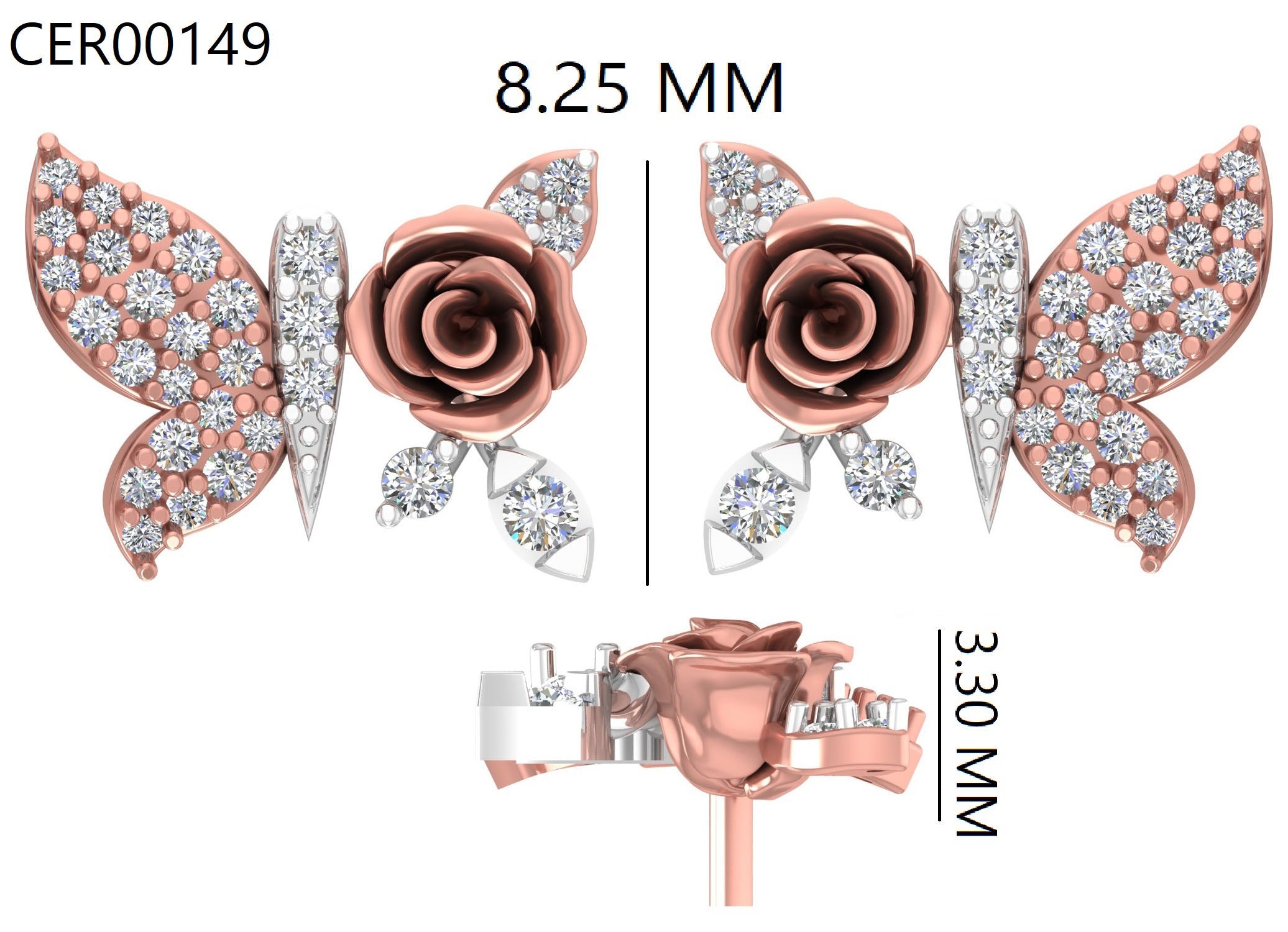 Diamond Encrusted Butterfly Rose 925 Silver Stud