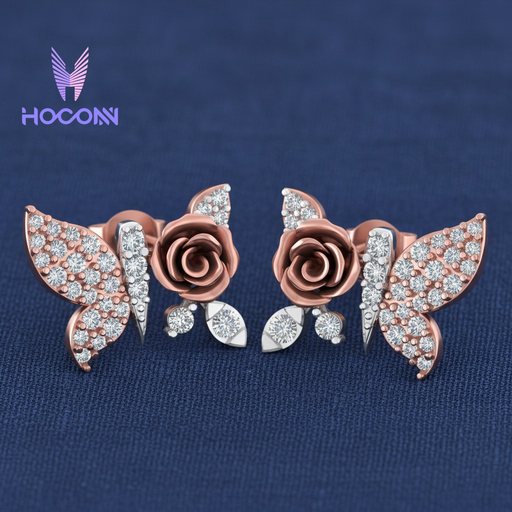 Diamond Encrusted Butterfly Rose 925 Silver Stud