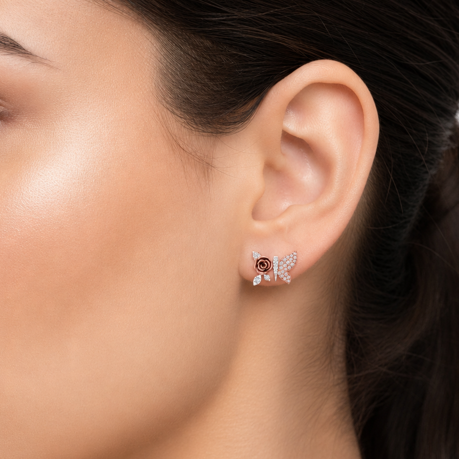 Diamond Encrusted Butterfly Rose 925 Silver Stud
