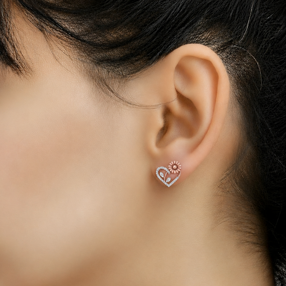 Diamond Heart Daisy 925 Silver Studs