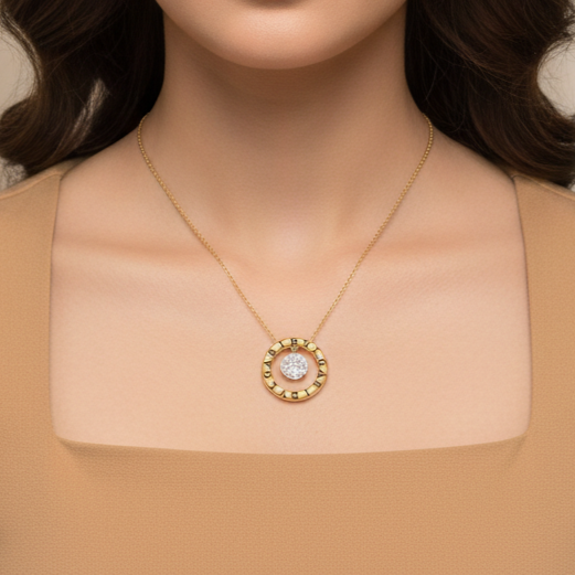 Classic Circular Diamond Engraved 925 Silver Pendant With Chain