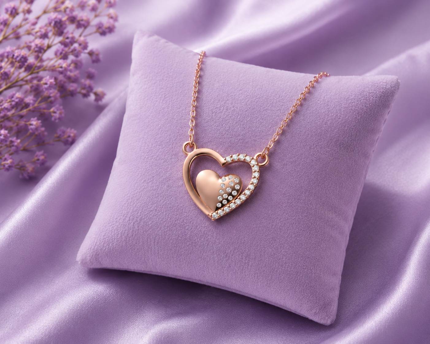 Shimmering Double Heart 925 Silver Pendant With Chain