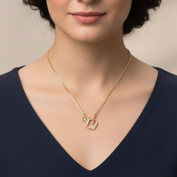 Soft Spark Square 925 Silver Gold Plated Pendant With Chain