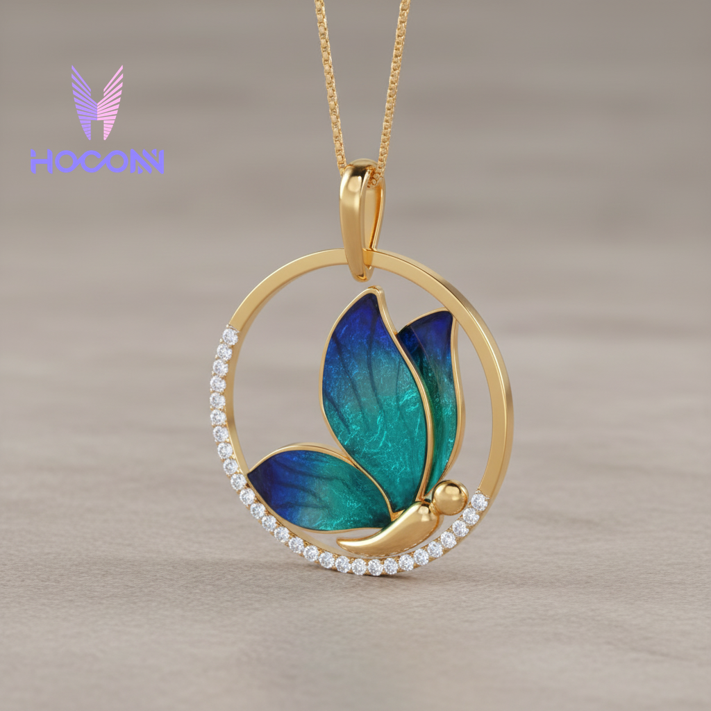 Butterfly Wing Enamel 925 Silver Diamond Pendant
