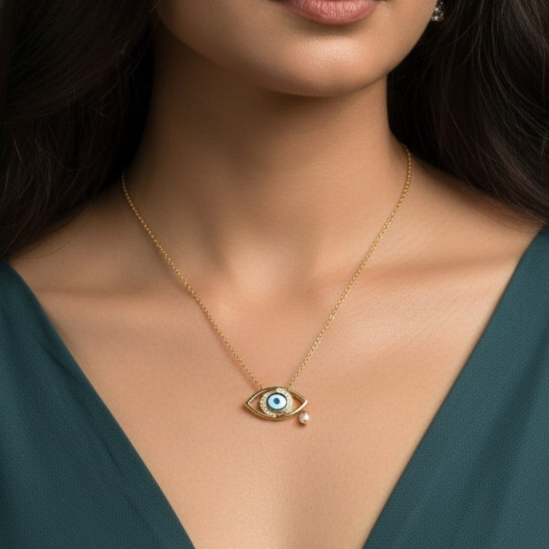 Evil Eye Pearl Drop Silver Necklace With Chain