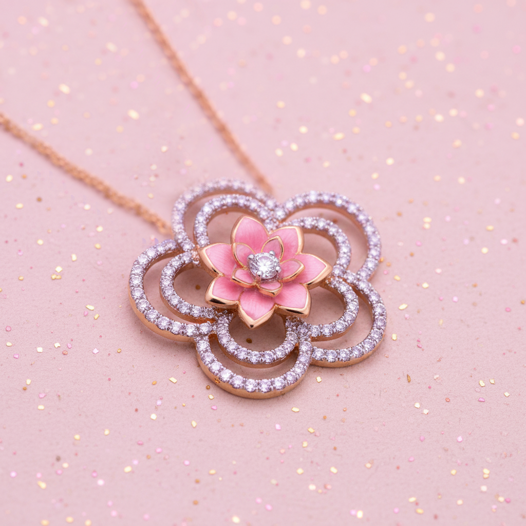 Elegant Bloom Pink Diamond  Silver Pendant With Chain
