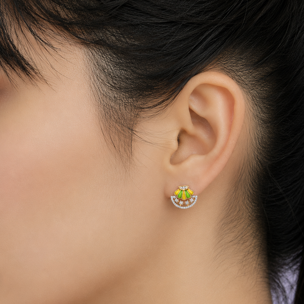 Floral Fan Enamel 925 Silver Stud Earrings