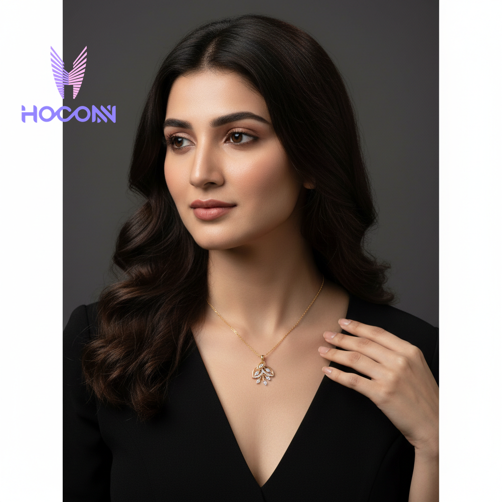 Gold Plated Leaf Curve Silver Diamond Pendant
