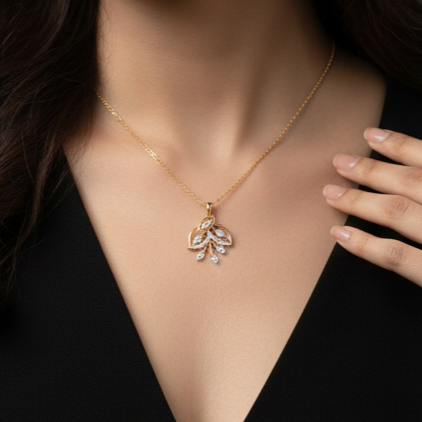 Gold Plated Leaf Curve Silver Diamond Pendant