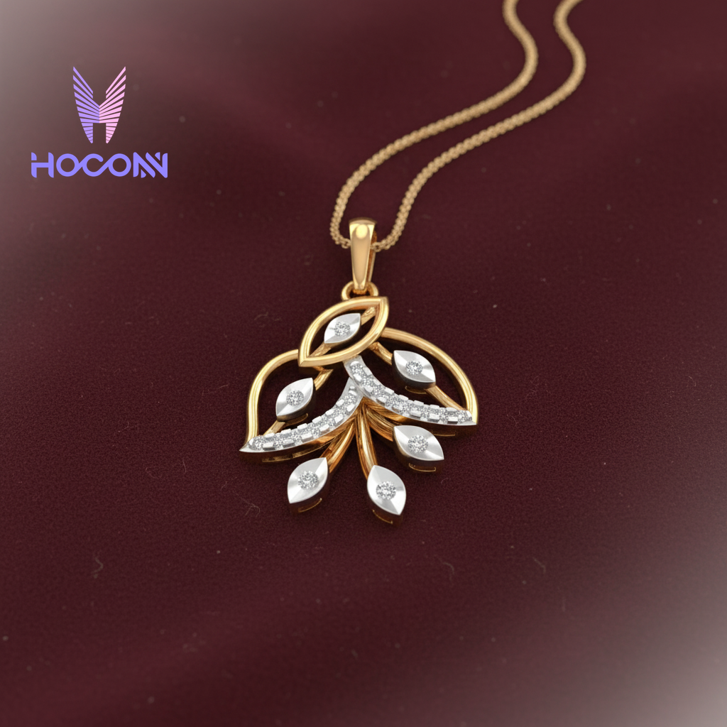 Gold Plated Leaf Curve Silver Diamond Pendant
