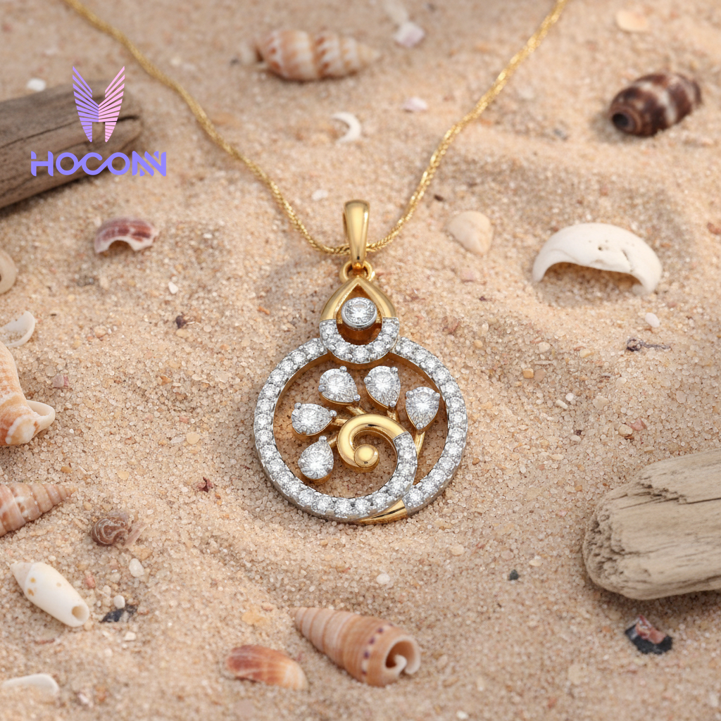 Diamond Swirl Leaf Gold Plated Silver Pendant