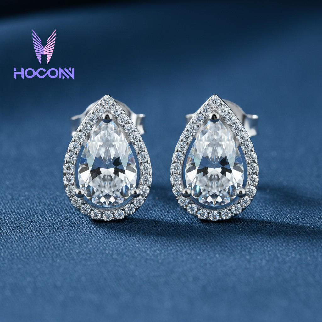 Minimalist Pear Diamond Halo 925 Silver Studs