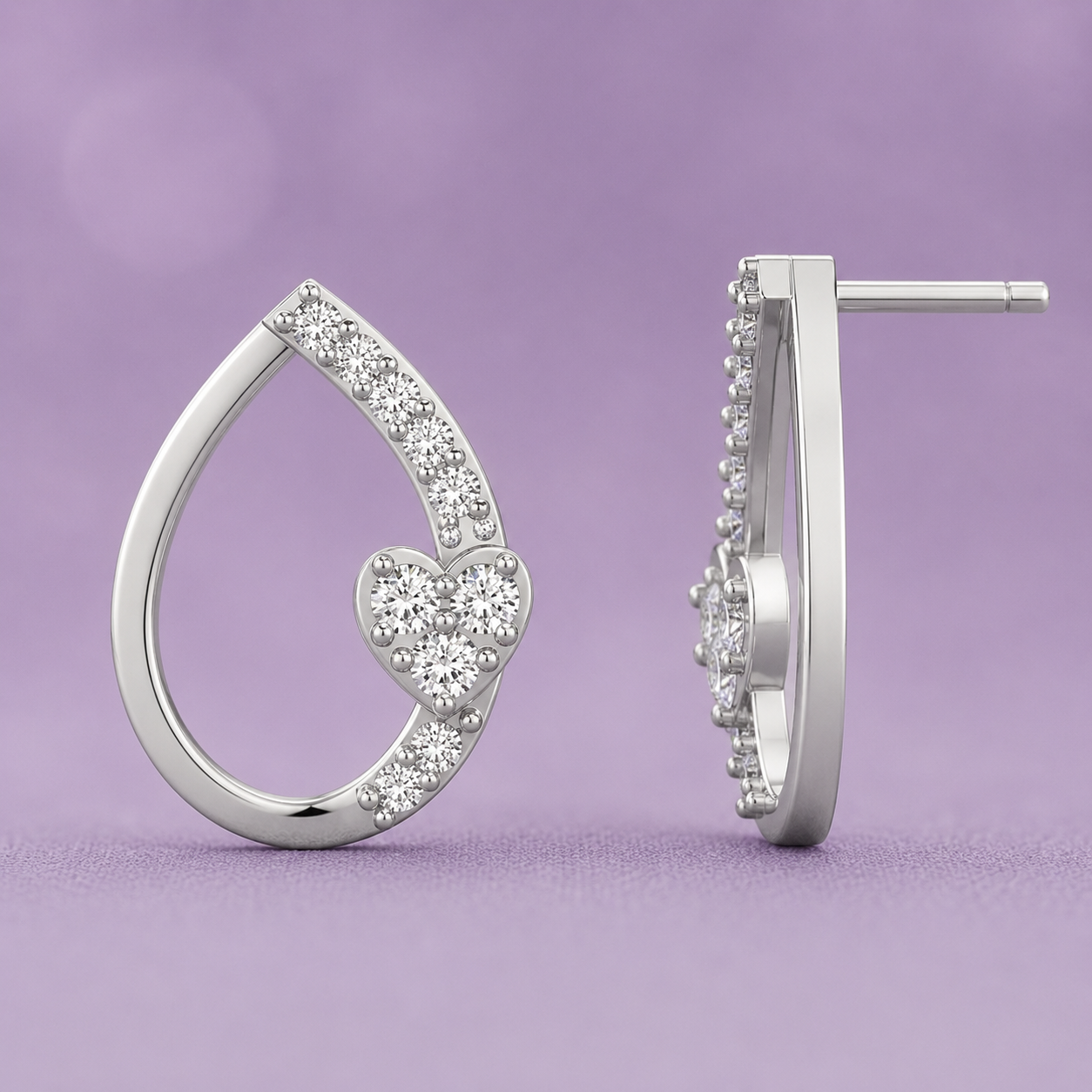 Diamond Heart Teardrop 925 Silver Stud Earrings