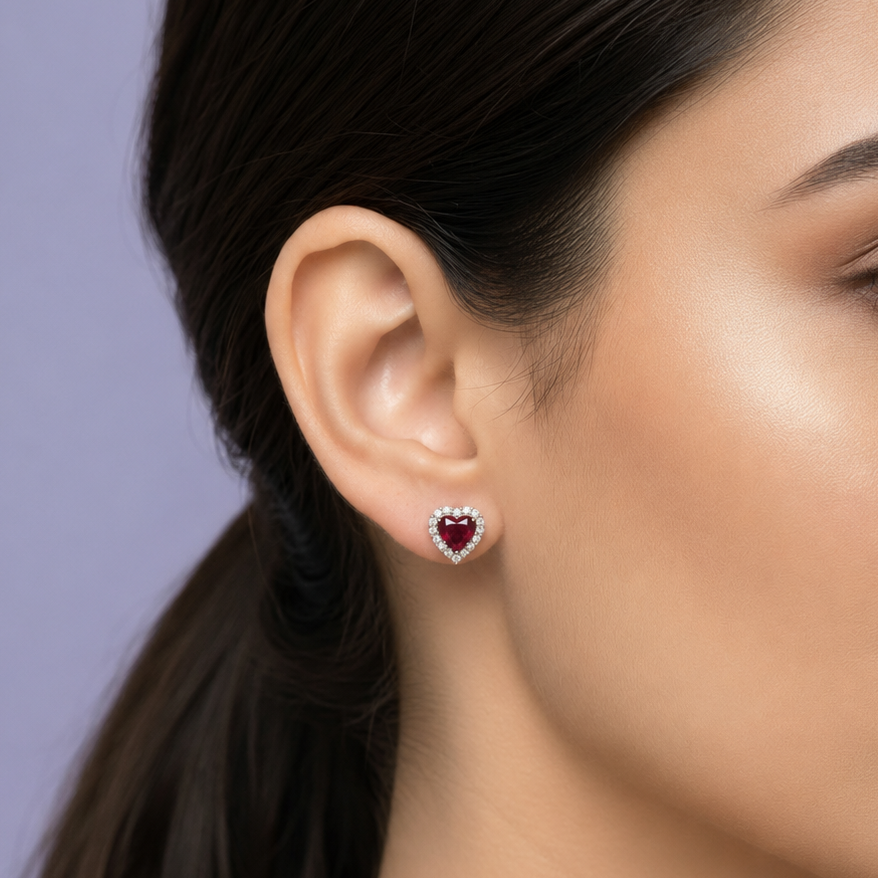 Blushing Ruby Heart Diamond 925 Silver Earrings