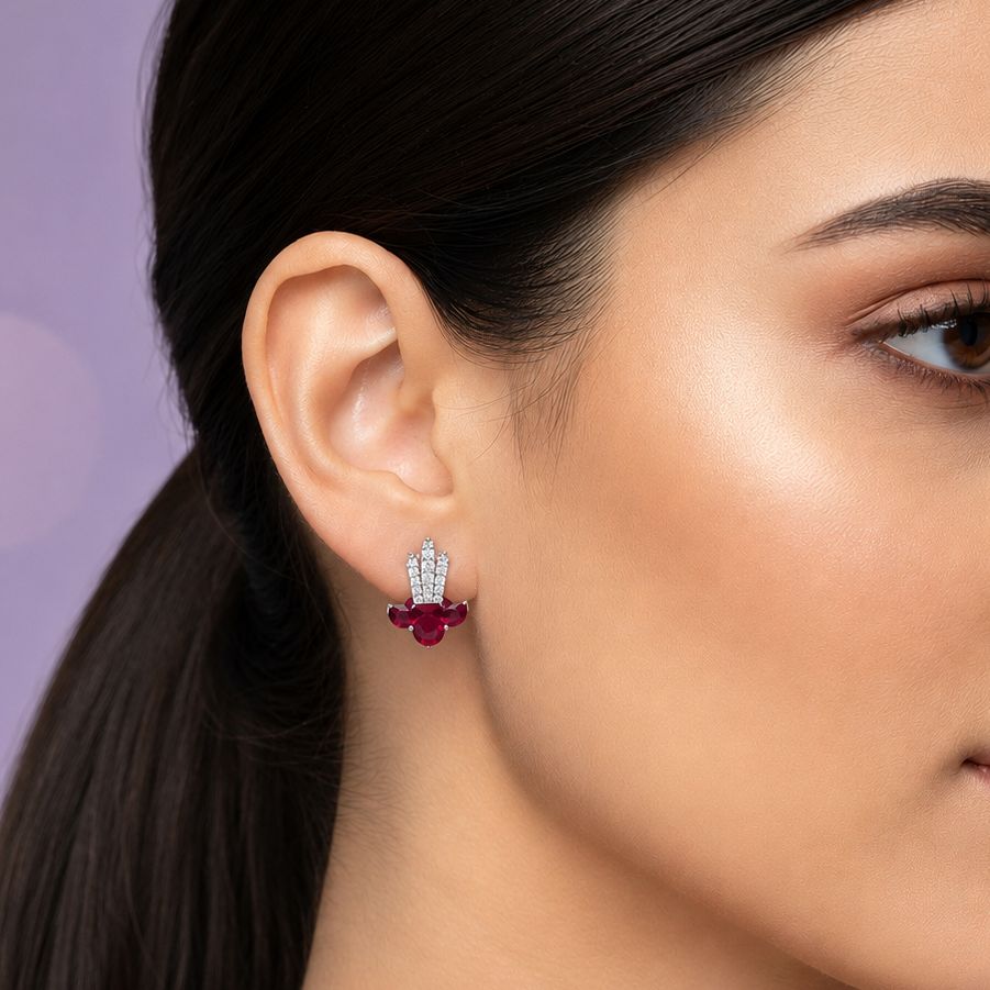 Royal Fan Garnet Diamond 925 Silver Earrings