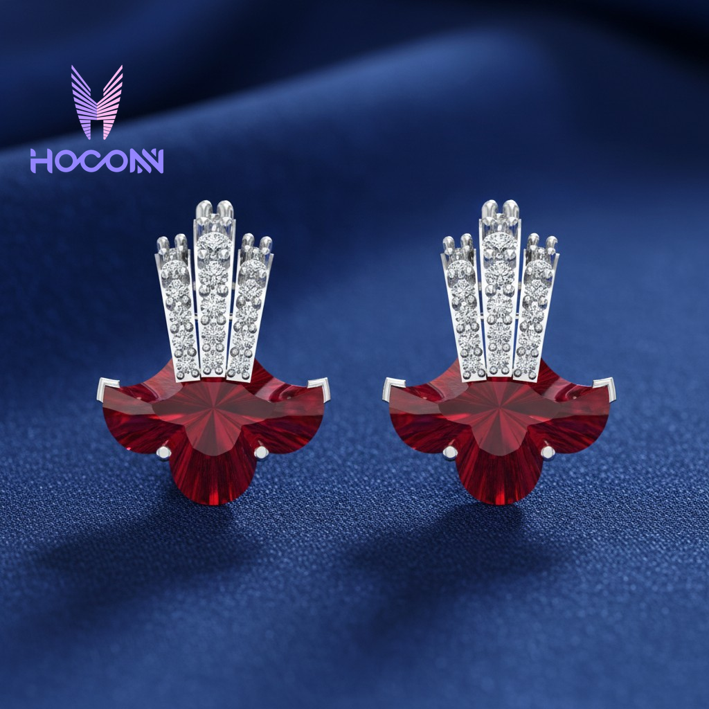Royal Fan Garnet Diamond 925 Silver Earrings