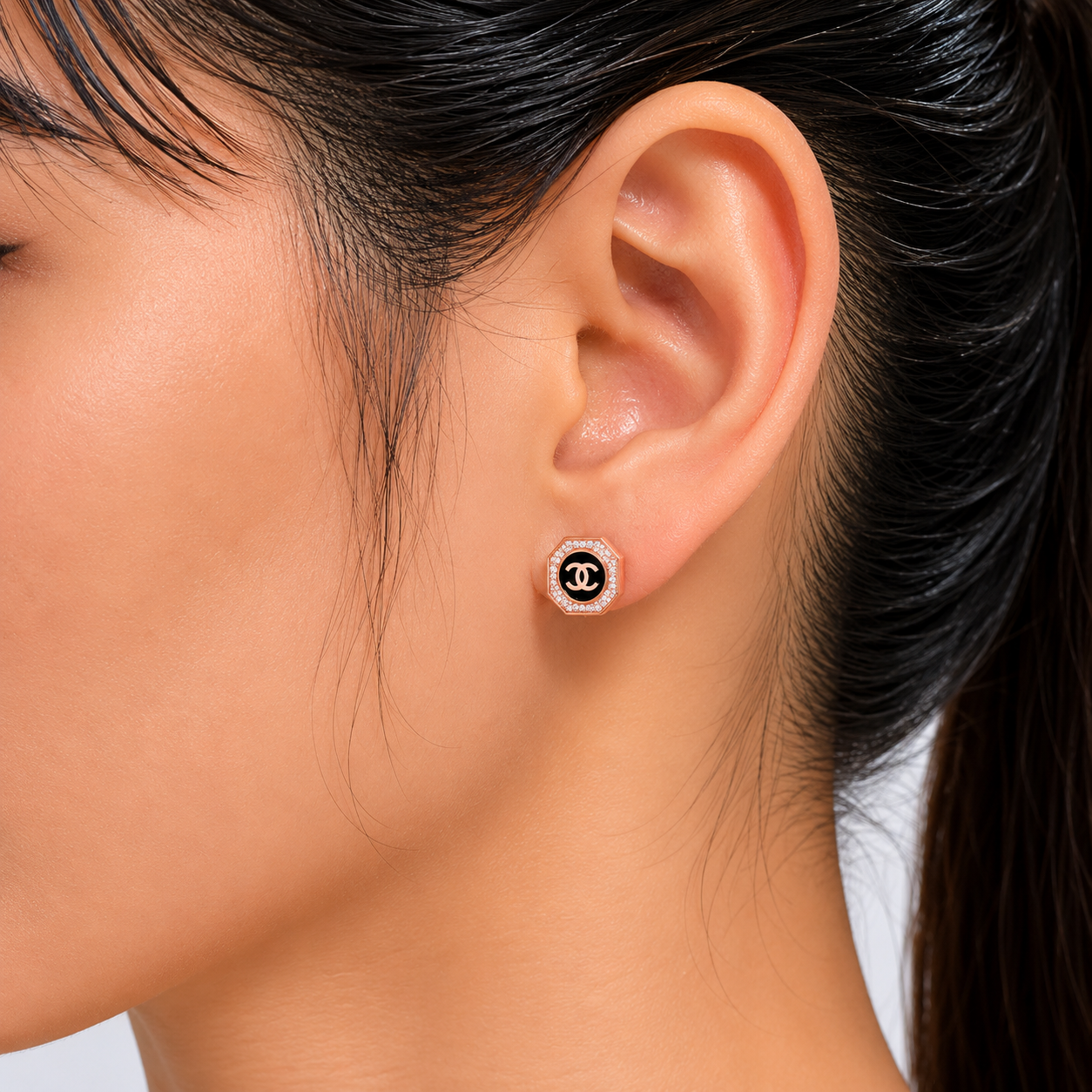 Chanel Logo Diamond Halo 925 Silver Studs