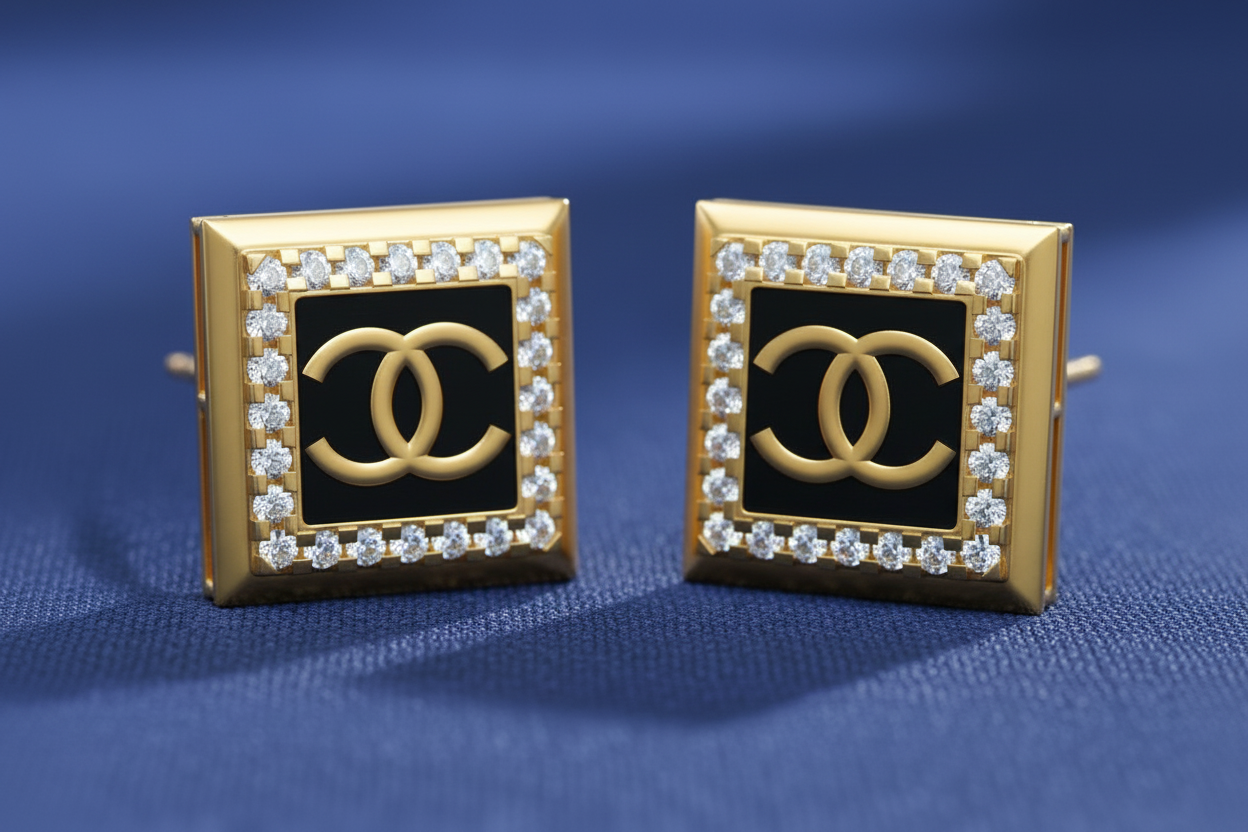 Diamond Frame Chanel Monogram 925 Silver Studs