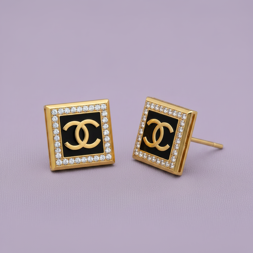 Diamond Frame Chanel Monogram 925 Silver Studs