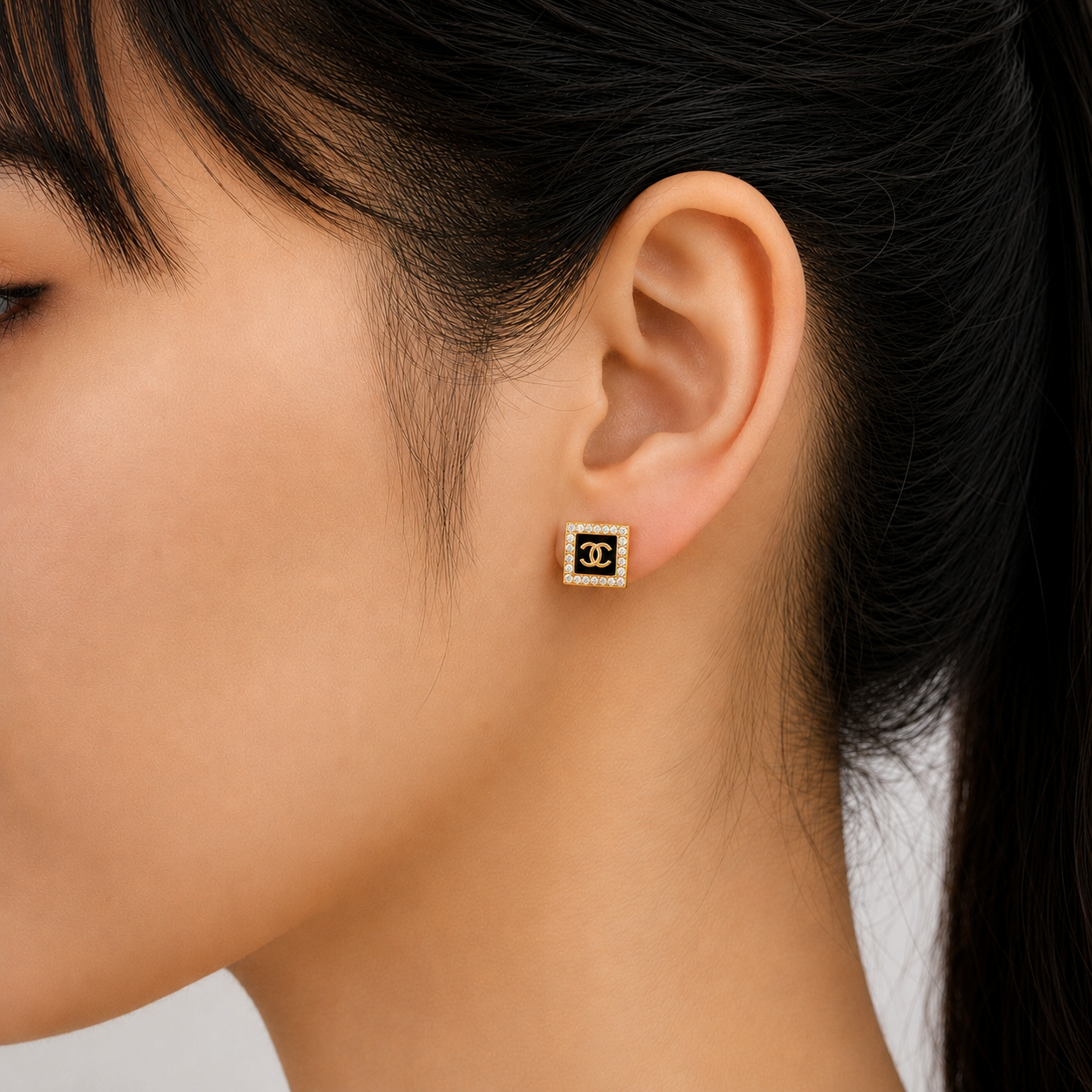 Diamond Frame Chanel Monogram 925 Silver Studs