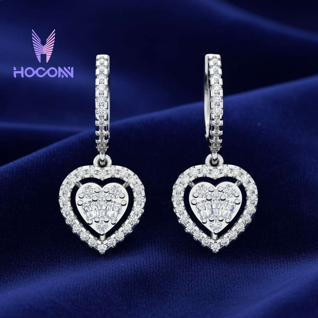 Halo Heart Diamond Drop 925 Silver Hoops