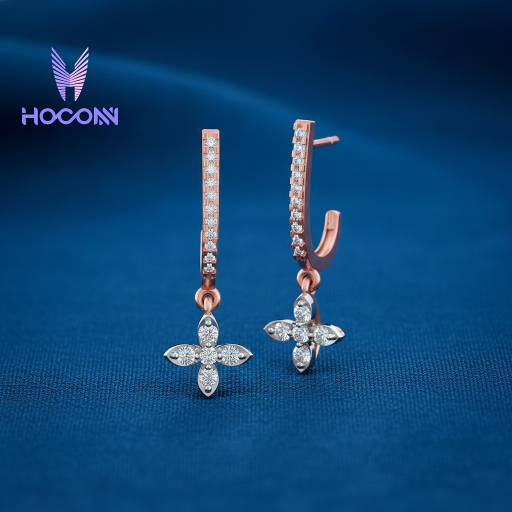Diamond Flower 925 Silver Dangle Hoops