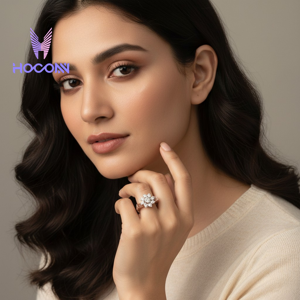 925 Silver Ring with Rhodium Finish Petal Cluster