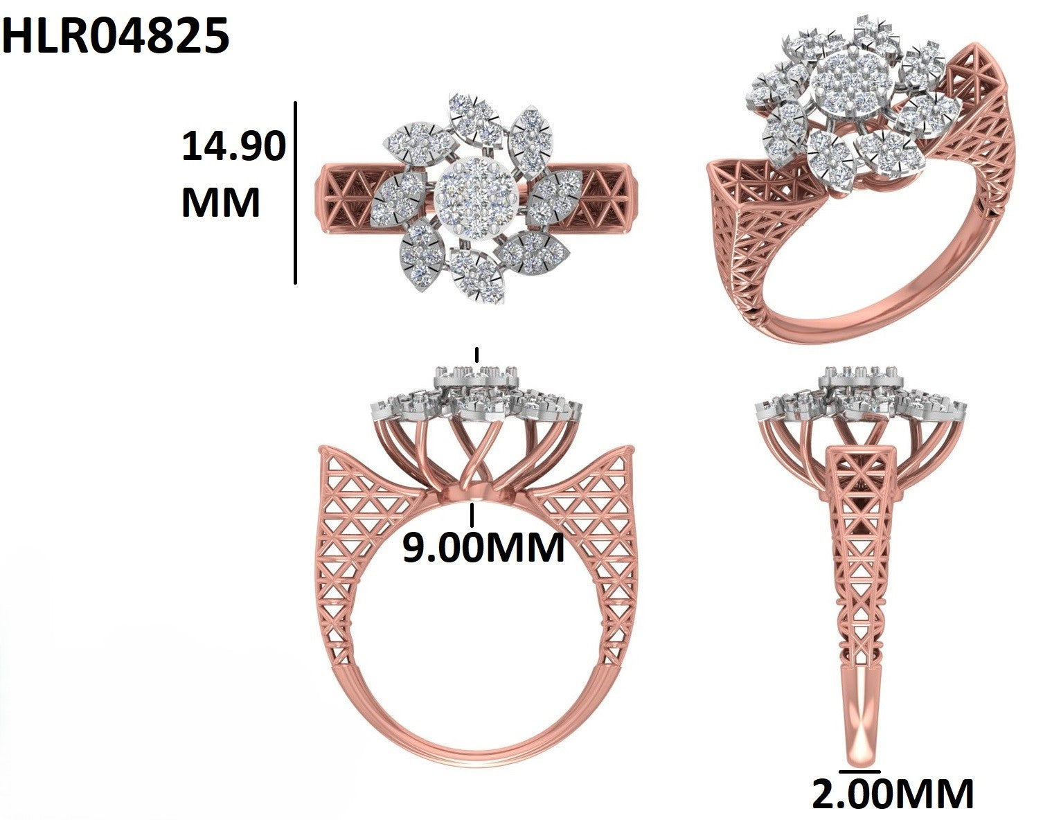 925 Silver Ring with Rhodium Finish Petal Cluster