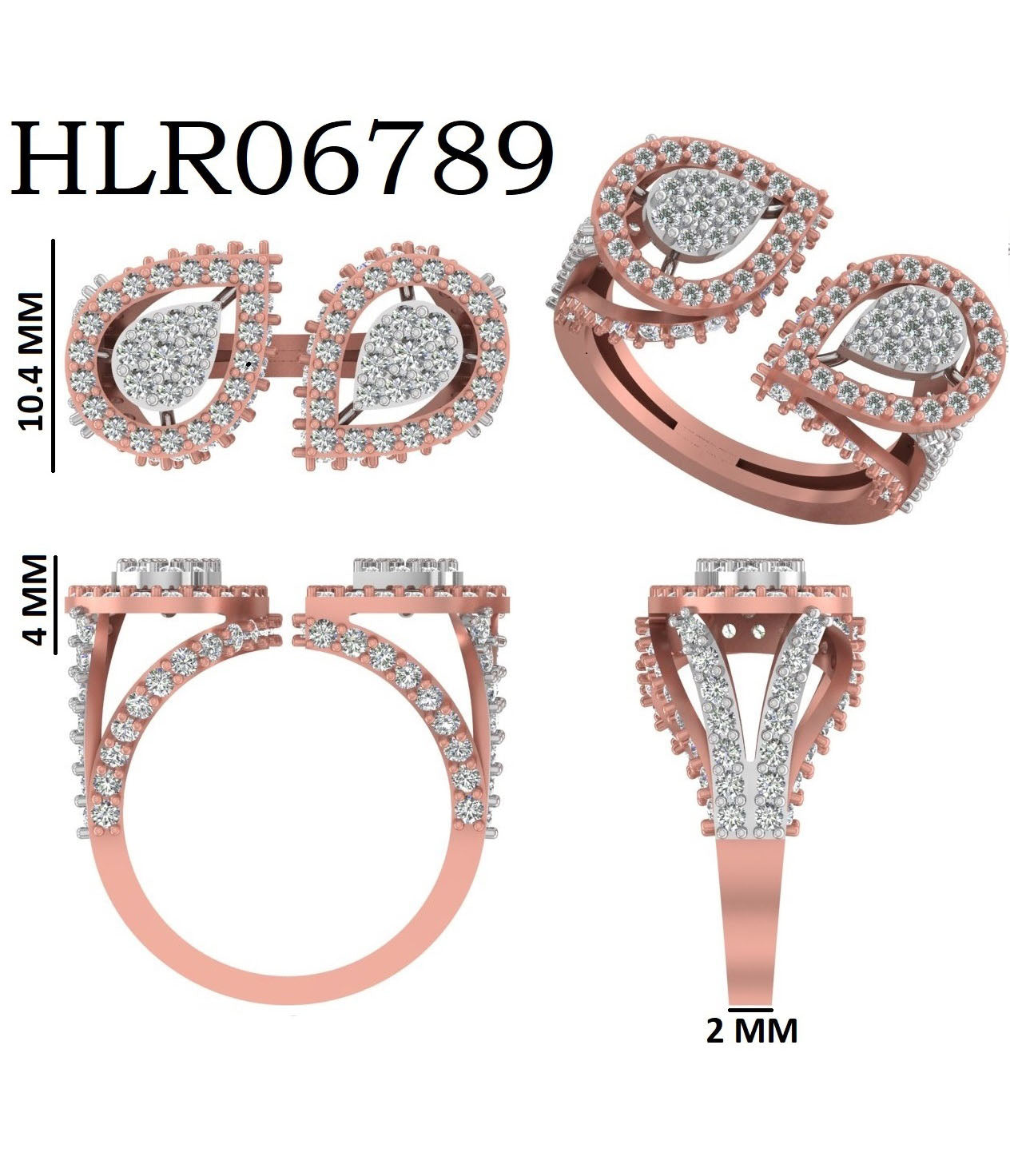 Dual Pear 925 Silver Rose Gold Plated Diamond Ring