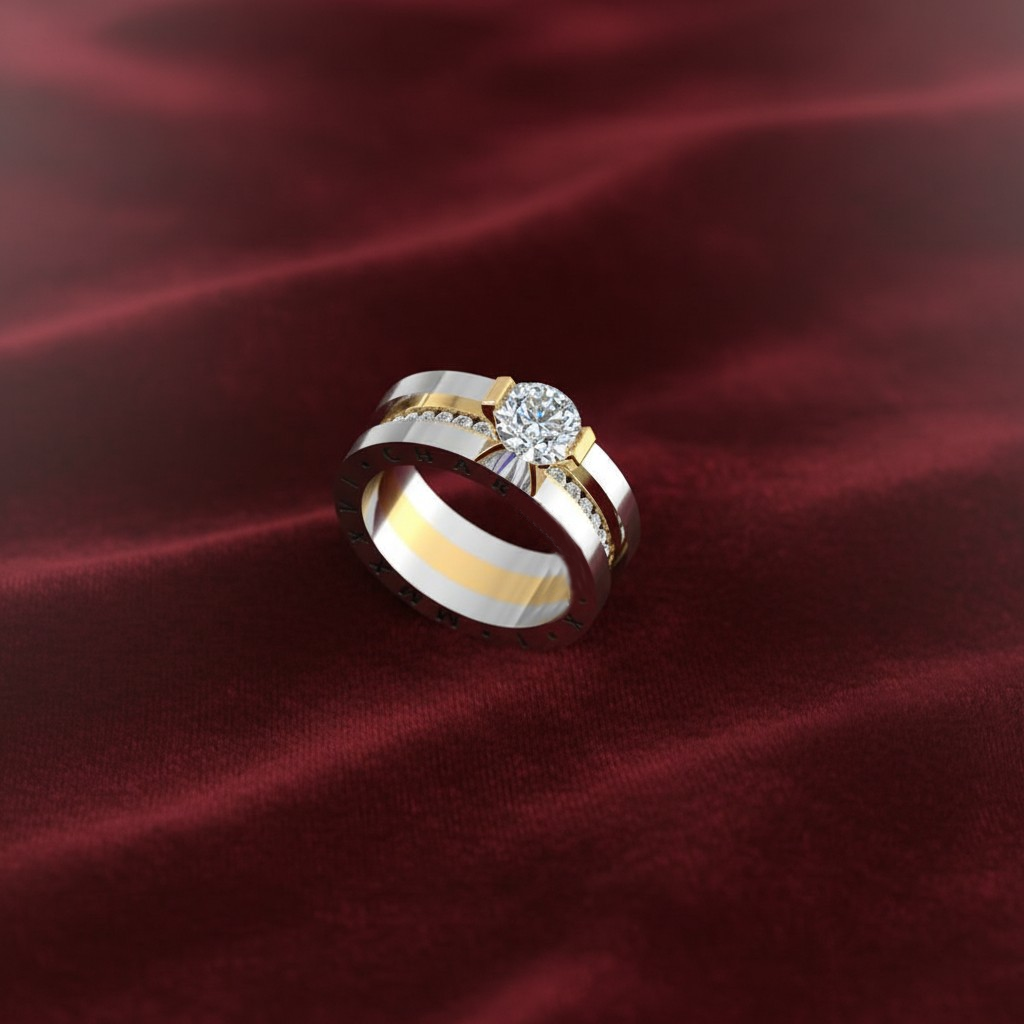 Gold Stripe 925 Silver Solitaire Ring