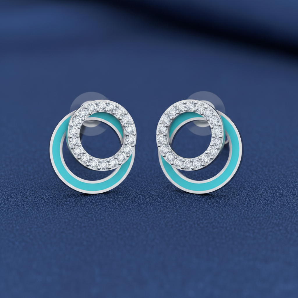 Modern Meenakari & Diamond Halo 925 Silver Studs