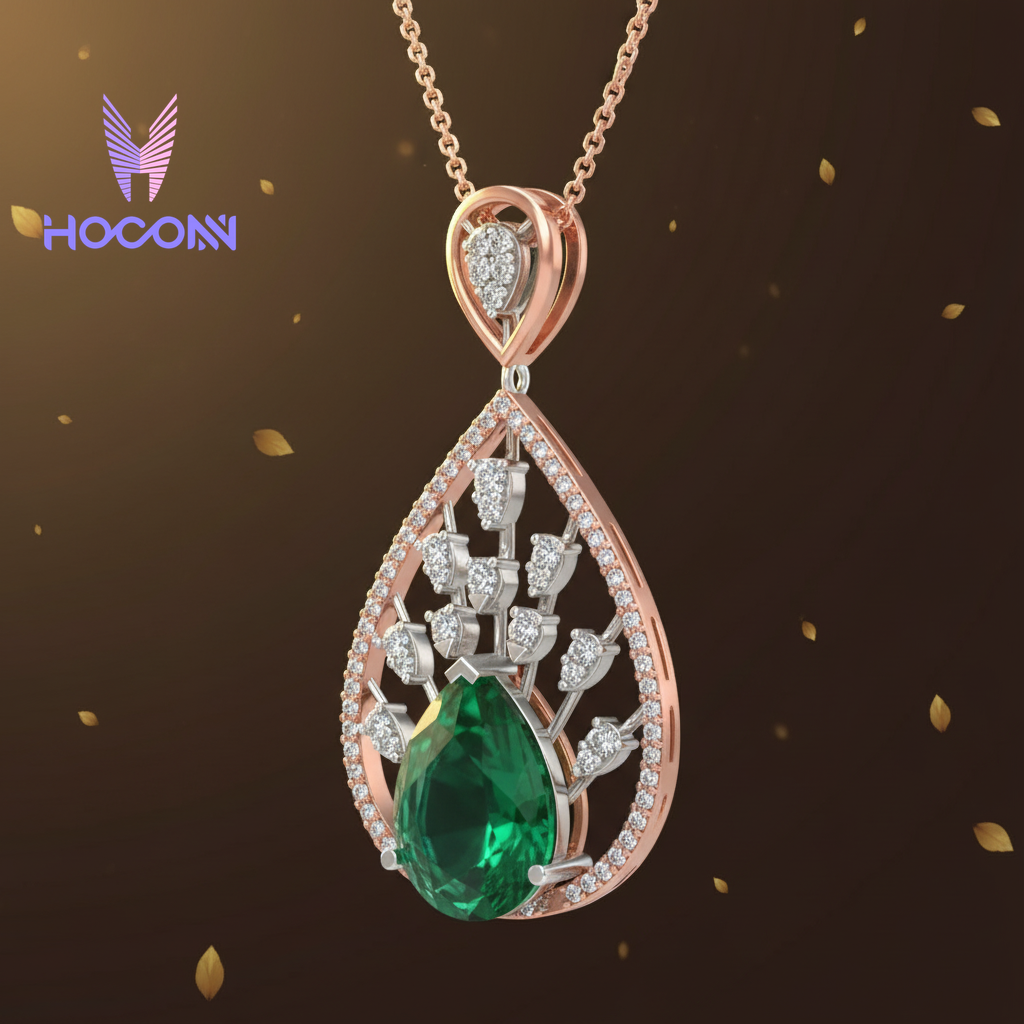 Luxe Emerald Diamond Floral Silver pendant