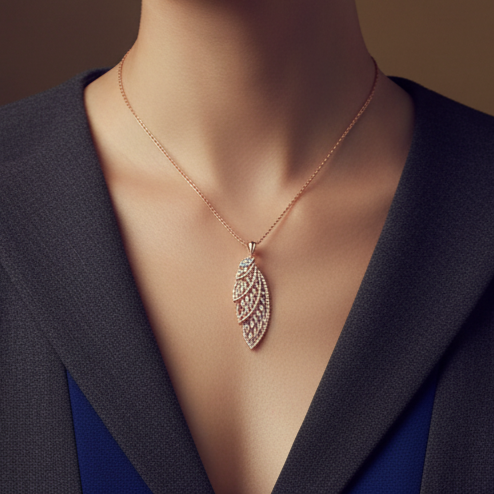 Elegant Leaf Lattice Diamond  Silver Pendant