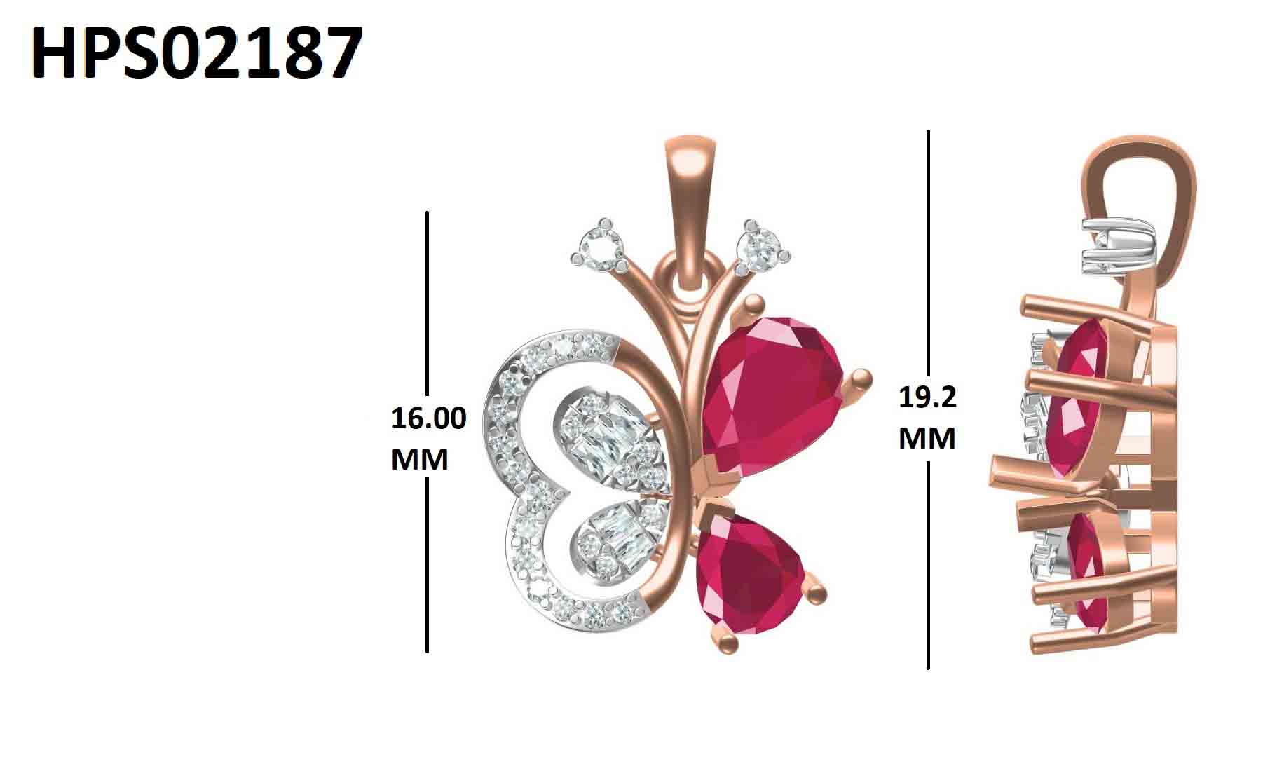 Dual Pear Ruby Butterfly 925 Silver Pendant
