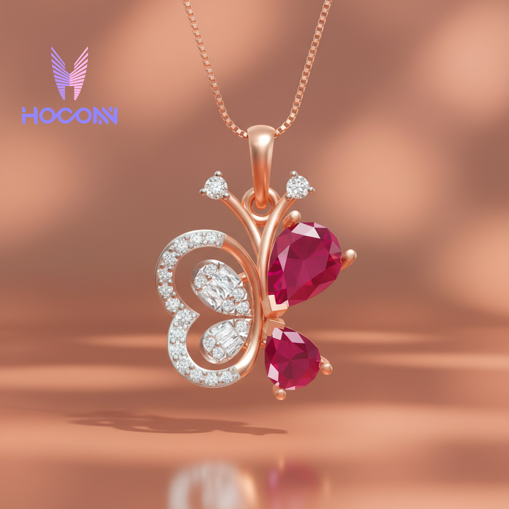 Dual Pear Ruby Butterfly 925 Silver Pendant