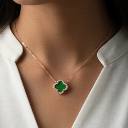 925 Silver Quatrefoil Green Stone Pendant With Chain