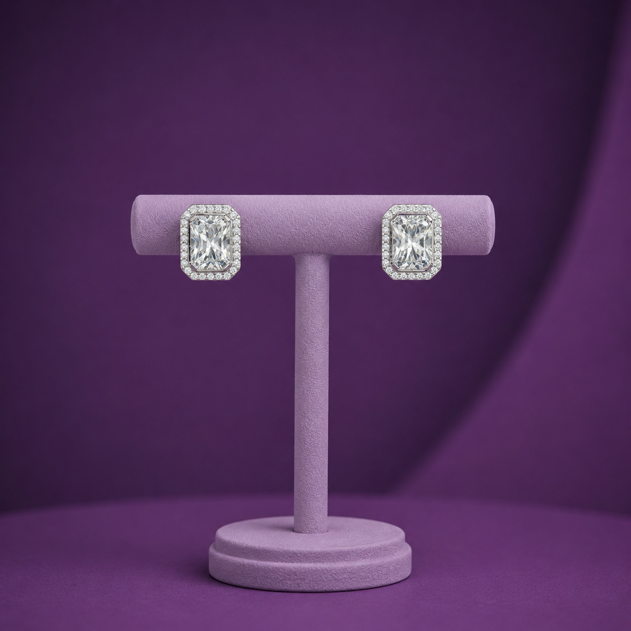 Emerald Cut Halo 925 Silver Studs