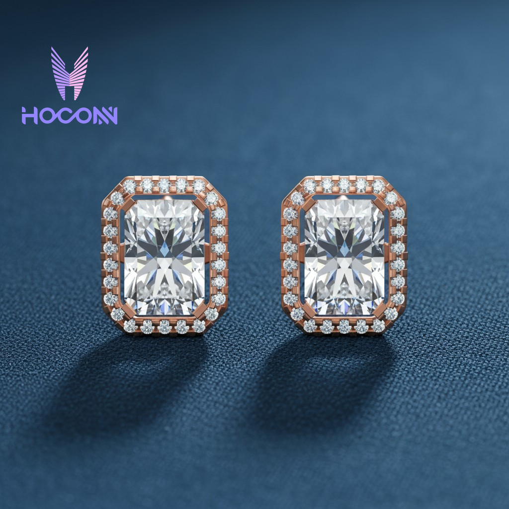 Emerald Cut Halo 925 Silver Studs