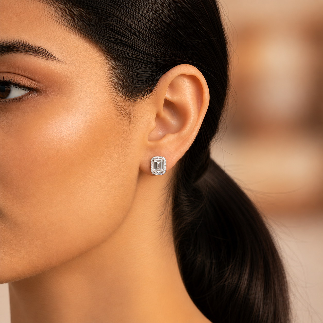 Emerald Cut Halo 925 Silver Studs