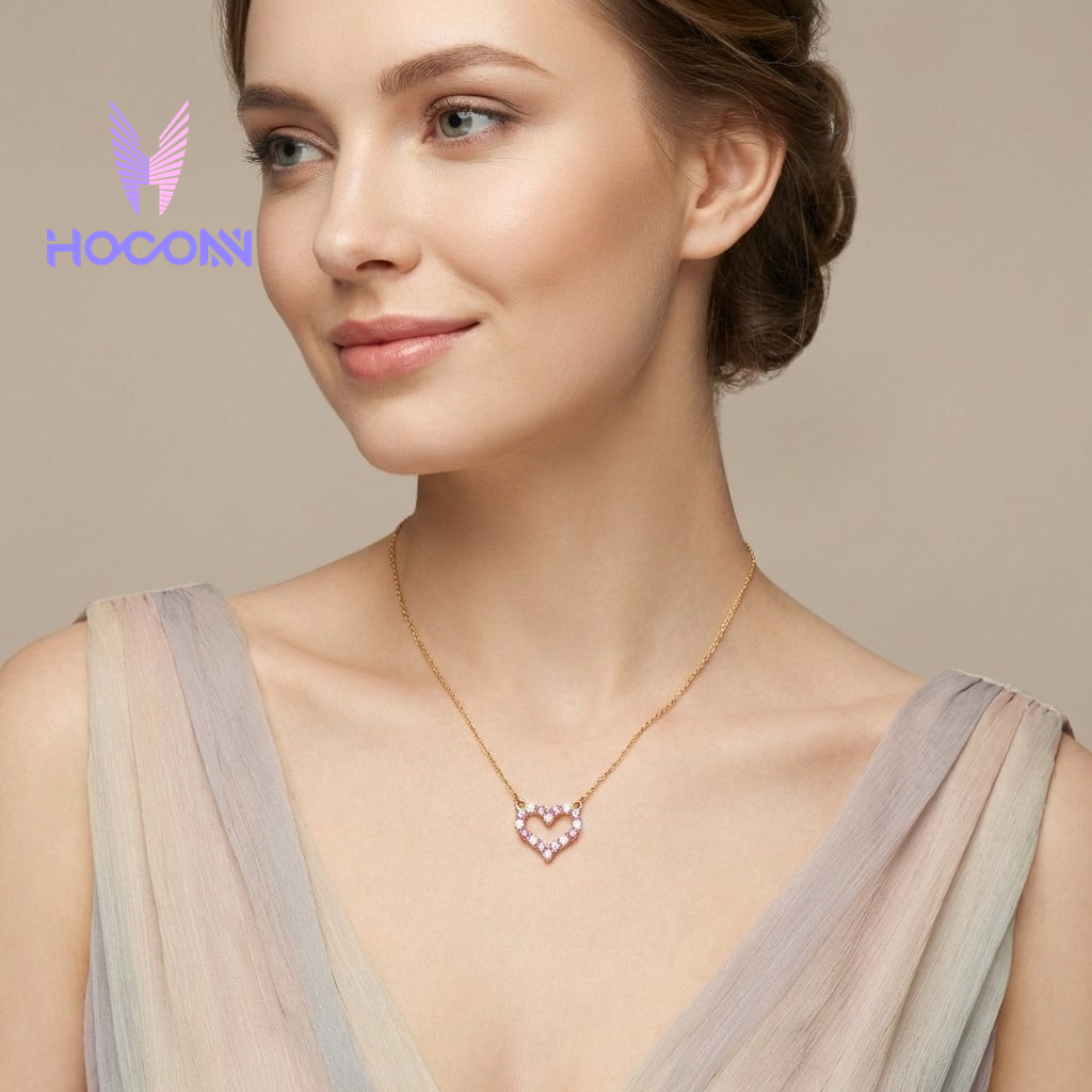 Sweet Pink Stone Heart Silver Necklace With Chain