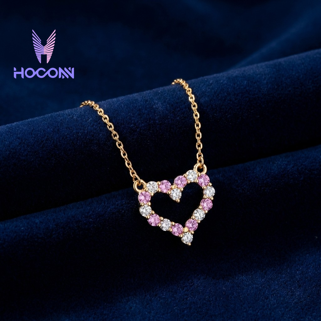 Sweet Pink Stone Heart Silver Necklace With Chain