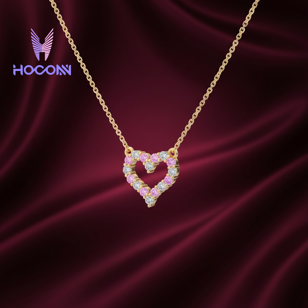 Sweet Pink Stone Heart Silver Necklace With Chain