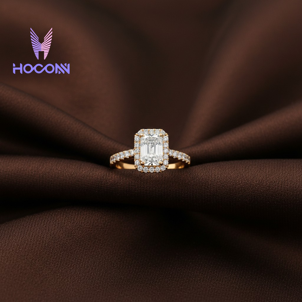 Emerald Cut Halo Diamond Silver Ring