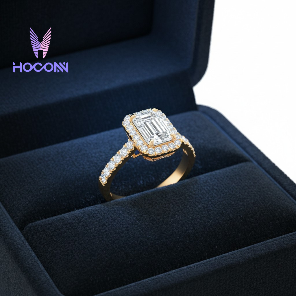 Emerald Cut Halo Diamond Silver Ring