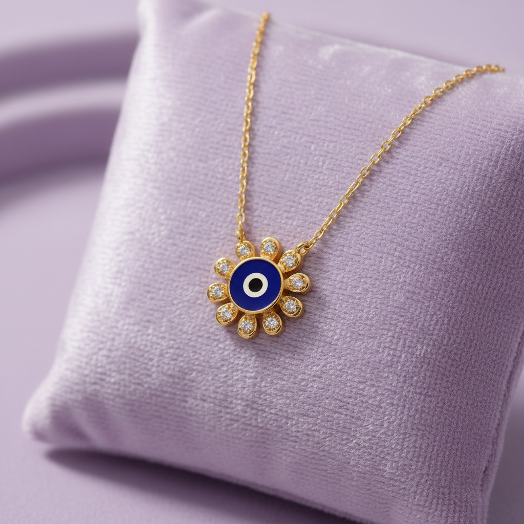 Blue enamel evil eye sunflower diamond pendant yellow gold necklace on lavender velvet cushion