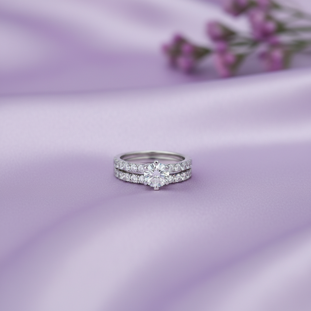 Bridal ring set flat lay lavender