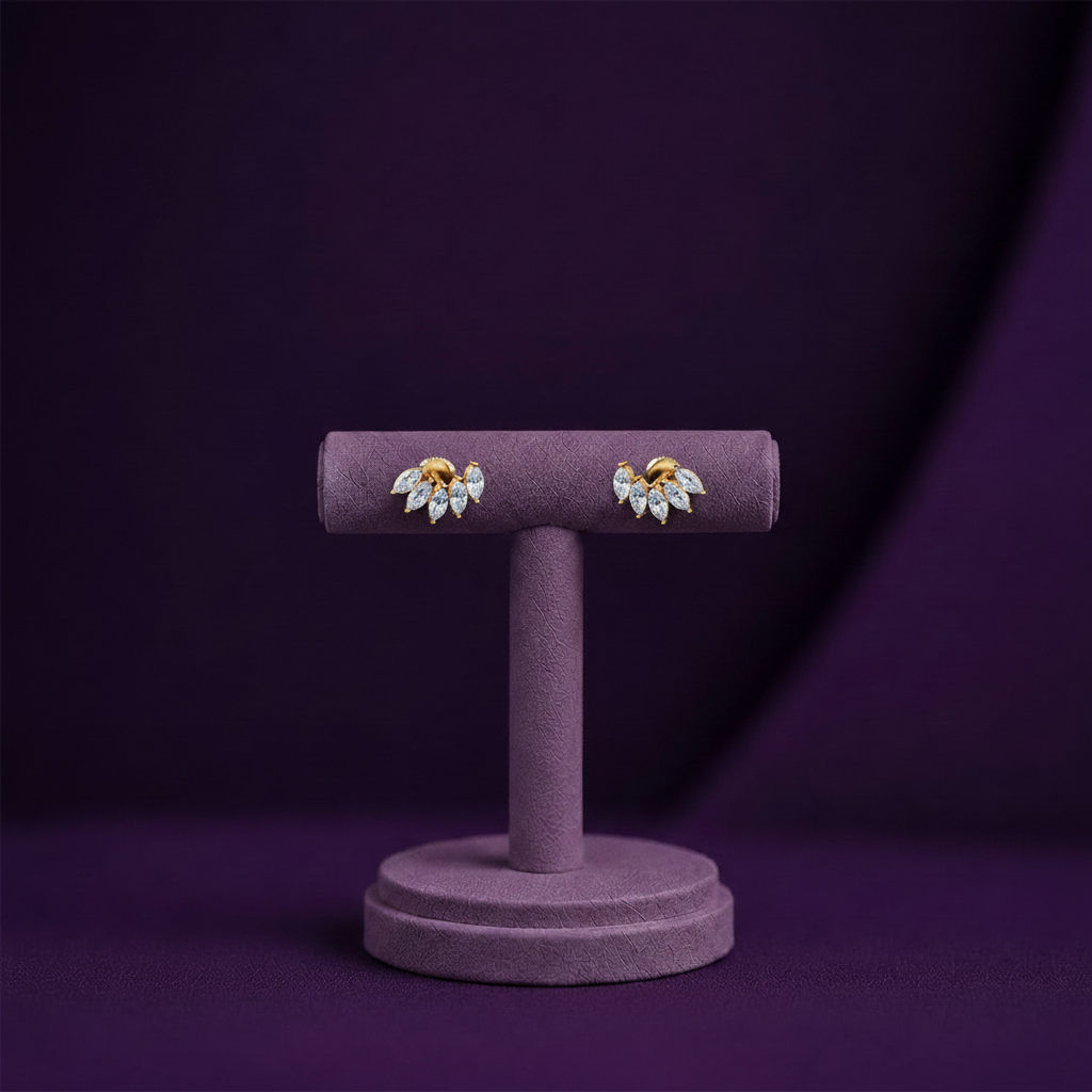 CER00872 Real Product Yellow Gold Five Marquise Diamond Fan Spray Stud Earrings Purple BG