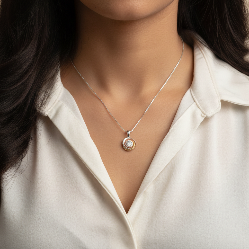 Close-up neck shot of Indian woman in white shirt wearing extra tiny tri-tone swirl diamond pendant